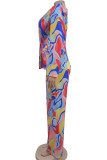 Red Street Print Buckle Patchwork Turn-back Collar Long Sleeve Two Pieces