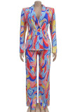 Red Street Print Buckle Patchwork Turn-back Collar Long Sleeve Two Pieces