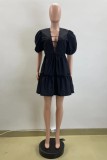 Black Casual Solid Color Basic V Neck A Line Short Sleeve Dress
