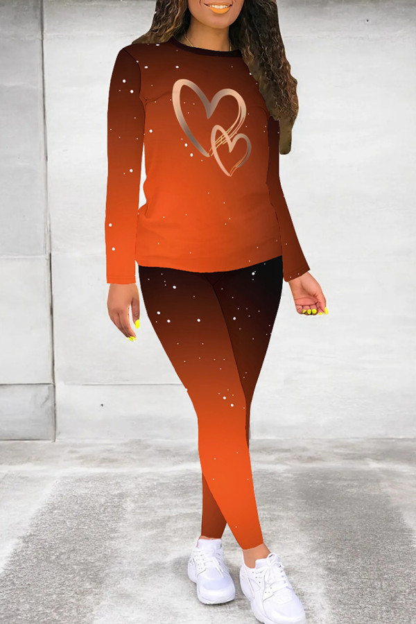 Tangerine Red Casual Print Patchwork O Neck Long Sleeve Two Pieces