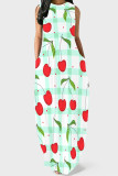 Pink Elegant Print Pocket Patchwork O Neck Long Dresses