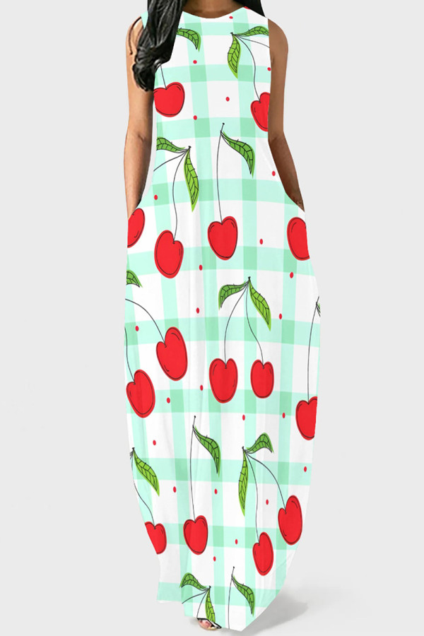 Light Green Elegant Print Pocket Patchwork O Neck Long Dresses