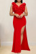 Red Elegant Solid Color Patchwork High Slit Ruffled Trim V Neck Long Dresses
