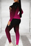 Fuchsia Casual Print Patchwork O Neck Long Sleeve Two Pieces