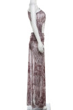 Brown Elegant Print Hollow Out Patchwork High Slit Long Dresses