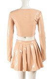 Skin Color Casual Solid Color Basic O Neck Long Sleeve Two Pieces