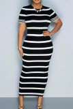 Black Elegant Stripe Patchwork O Neck Long Dresses