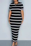 Black Elegant Stripe Patchwork O Neck Long Dresses
