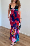 Red Elegant Print Patchwork Backless Strap Design Spaghetti Strap Long Dresses