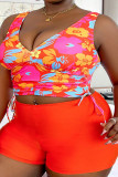 Orange Sportswear Print Draw String Patchwork V Neck Plus Size Swimwear