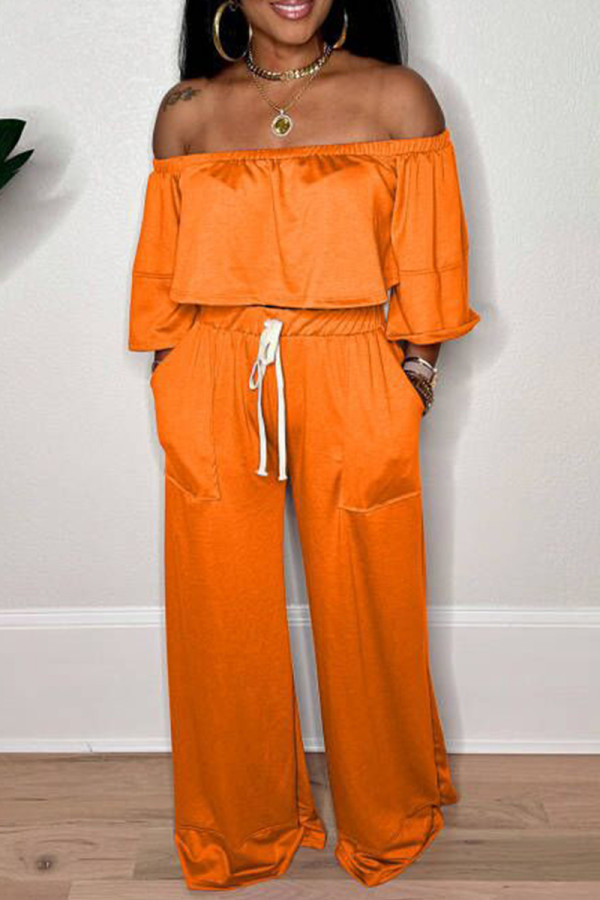 Tangerine Red Sexy Solid Color Draw String Pocket Patchwork Backless Off Shoulder Long Sleeve Two Pieces