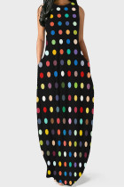 Multicolor Casual Polka Dot Pocket Patchwork O Neck Long Dresses