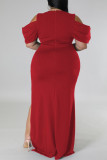 Blue Sexy Solid Color Slit V Neck Long Plus Size Dresses