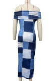 Blue Sexy Print Patchwork Backless Off Shoulder Long Dresses