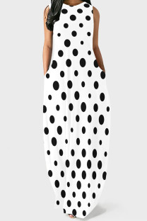 White Casual Polka Dot Pocket Patchwork O Neck Long Dresses