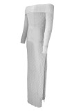 White Elegant Solid Color Patchwork Backless High Slit Off Shoulder Long Dresses