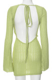 Green Sexy Solid Color Patchwork Backless Strap Design O Neck Sheath Dresses