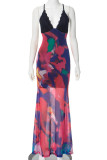 Red Elegant Print Patchwork Backless Strap Design Spaghetti Strap Long Dresses