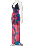 Red Elegant Print Patchwork Backless Strap Design Spaghetti Strap Long Dresses