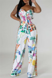 Multicolor Sexy Casual Print Backless Belted Spaghetti Strap Sleeveless Two Pieces