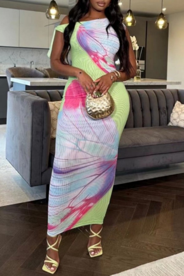 Multicolor Casual Print Belted Oblique Collar Long Dresses