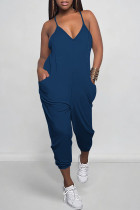 Navy Blue Casual Solid Color Pocket V Neck Loose Jumpsuits