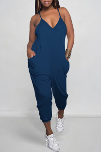 Navy Blue Casual Solid Color Pocket V Neck Loose Jumpsuits
