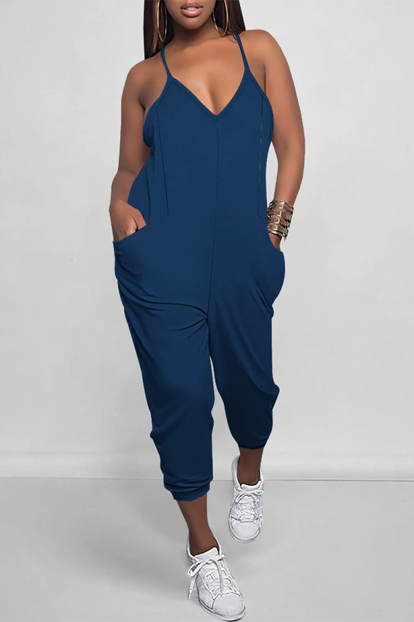 Navy Blue Casual Solid Color Pocket V Neck Loose Jumpsuits
