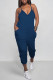 Navy Blue Casual Solid Color Pocket V Neck Loose Jumpsuits