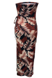 Brown Elegant Print Hollow Out Patchwork Backless High Slit Strapless Long Dresses