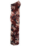Brown Elegant Print Hollow Out Patchwork Backless High Slit Strapless Long Dresses