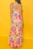 Red Elegant Print Patchwork Backless Square Neck Long Dresses