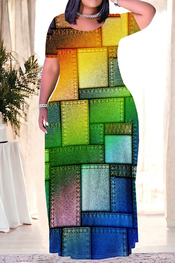 Green Yellow Casual Geometric Print Leopard Print Pocket Contrast O Neck Printed Plus Size Dresses