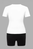 Black Casual Print Patchwork O Neck Short Sleeve Two Pieces