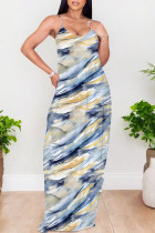 Blue Yellow Sexy Gradient Print Colorblock Pocket Contrast U Neck Printed Dresses