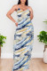 Blue Yellow Sexy Gradient Print Colorblock Pocket Contrast U Neck Printed Dresses