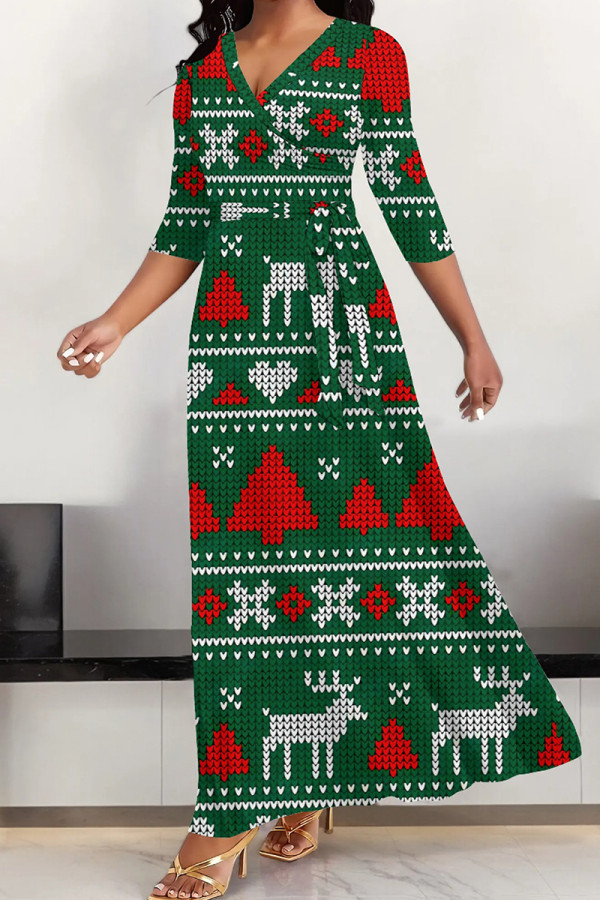 Green Elegant Print Patchwork V Neck Long Dresses