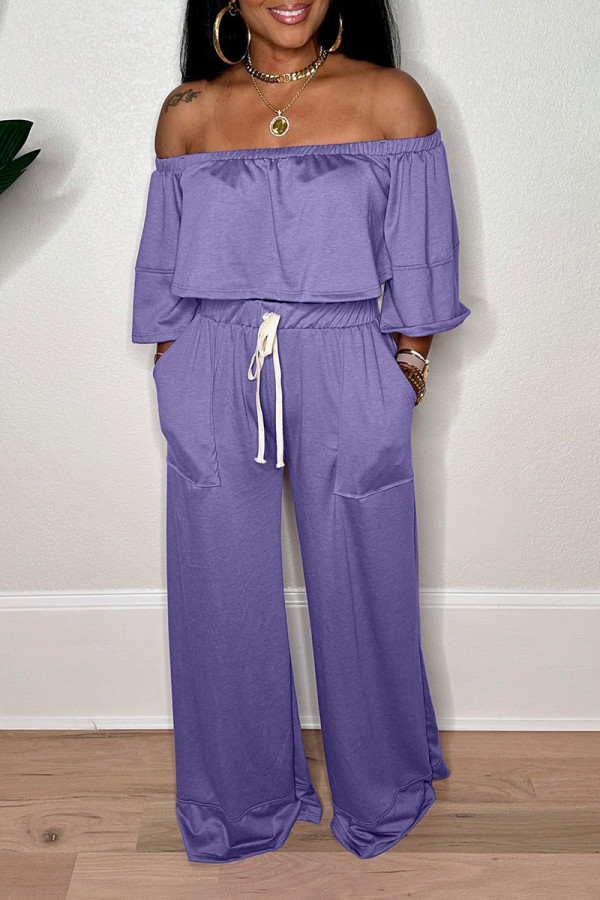 Purple Sexy Solid Color Draw String Pocket Patchwork Backless Off Shoulder Long Sleeve Two Pieces
