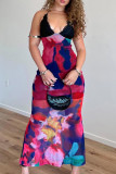 Red Elegant Print Patchwork Backless Strap Design Spaghetti Strap Long Dresses