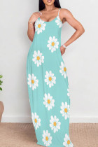 Baby Blue Casual Print Patchwork Backless Spaghetti Strap Sling Dresses