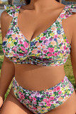 Purple Sportswear Print Patchwork V Neck Plus Size Swimwear