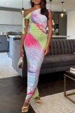 Multicolor Casual Print Belted Oblique Collar Long Dresses