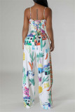 Multicolor Sexy Casual Print Backless Belted Spaghetti Strap Sleeveless Two Pieces
