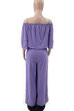 Purple Sexy Solid Color Draw String Pocket Patchwork Backless Off Shoulder Long Sleeve Two Pieces