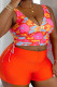Orange Sportswear Print Draw String Patchwork V Neck Plus Size Swimwear