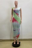 Multicolor Casual Print Belted Oblique Collar Long Dresses