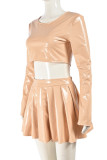 Skin Color Casual Solid Color Basic O Neck Long Sleeve Two Pieces