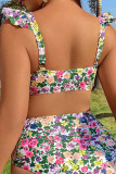 Purple Sportswear Print Patchwork V Neck Plus Size Swimwear