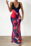 Red Elegant Print Patchwork Backless Strap Design Spaghetti Strap Long Dresses