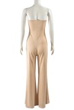 Apricot Sexy Solid Color Hollow Out Backless Strapless Bodycon Jumpsuits